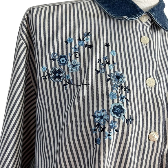 Napa Valley Striped Flower Embroidered Button Up Shirt Denim Collar Petite Large - Picture 5 of 10
